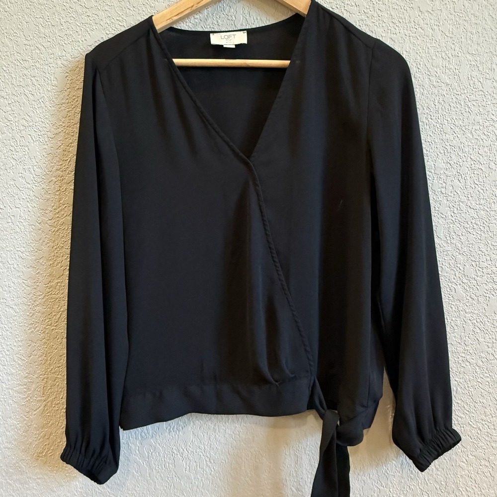 LOFT Outlet Sheer Blouse Petite SP Black Wrap Front Tie Waist